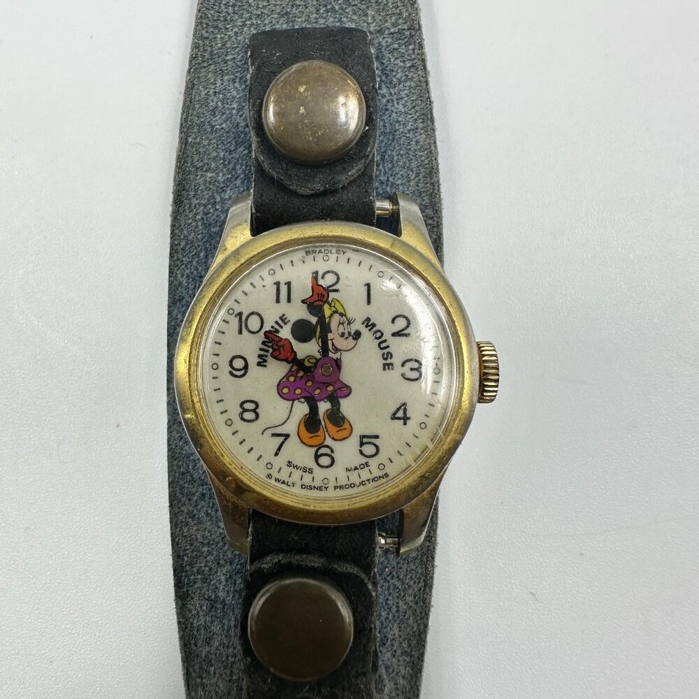 Vintage Bradley Minnie Mouse Watch Women Denim Band Manual Wind 8 Inch - Picture 3 of 15
